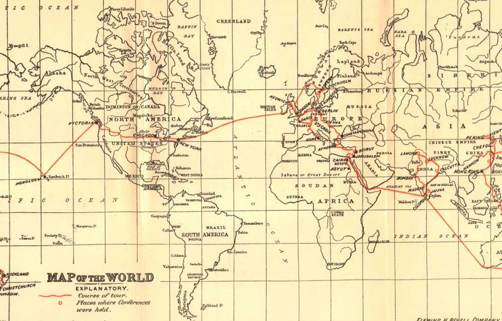 Carte des voyages missionnaires de John Mott, reproduite dans J. R. Mott, Strategic Point of the World’s Conquest, New York, 1897.