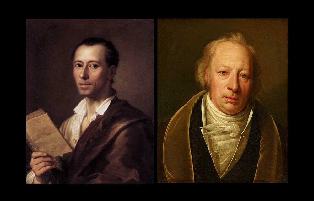 G : Portrait de Winckelmann par Mengs (Metropolitan Museum of Art, New York) ; D : portrait de Wolf par Wolff (Alte Nationalgalerie, Berlin)